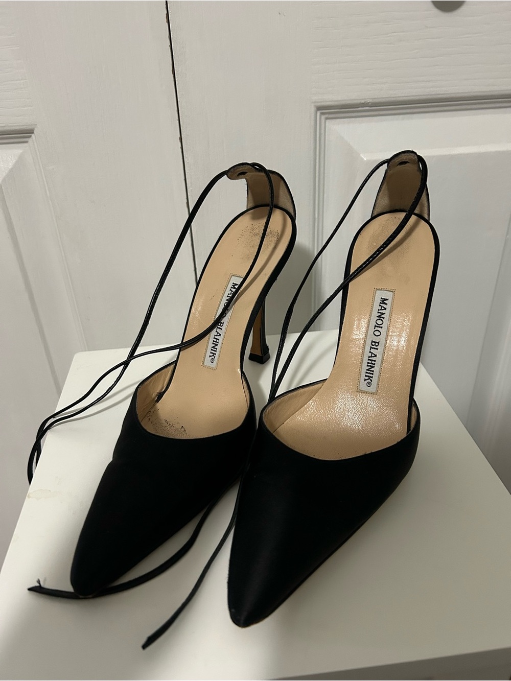 Manolo Blahnik Black Pointed Slingback Heels with Ankle Ties